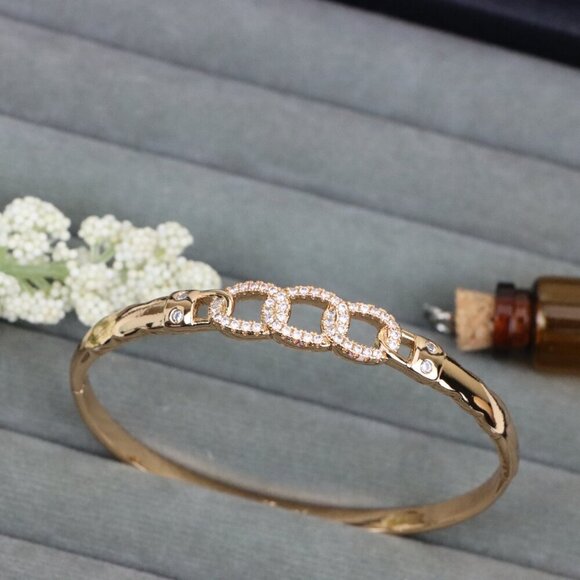 Elegant Rose Gold Chain Link Bangle with Sparkling Zircon Stones, XPBL0497 - Picture 1 of 12